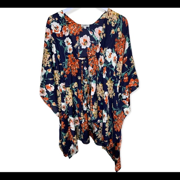 UMGEE Pretty Perfect Floral Print Bell Sleeve Open Front Kimono Navy Blue Small - Picture 3 of 11
